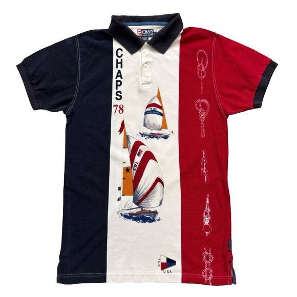 Vintage 90s Chaps Ralph Lauren Nautical Sailboat Rope Graphic Size M Polo Shirt - Picture 1 of 9